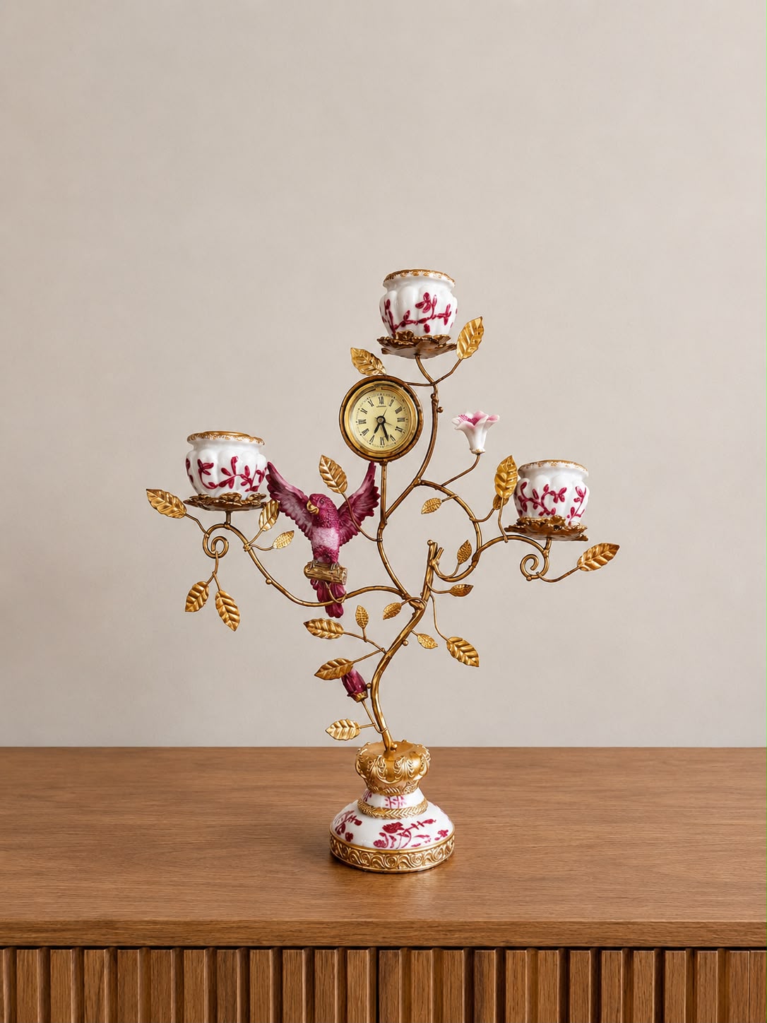 Baroque Papegaai Kandelaar met Klok - Hoogte 32 cm