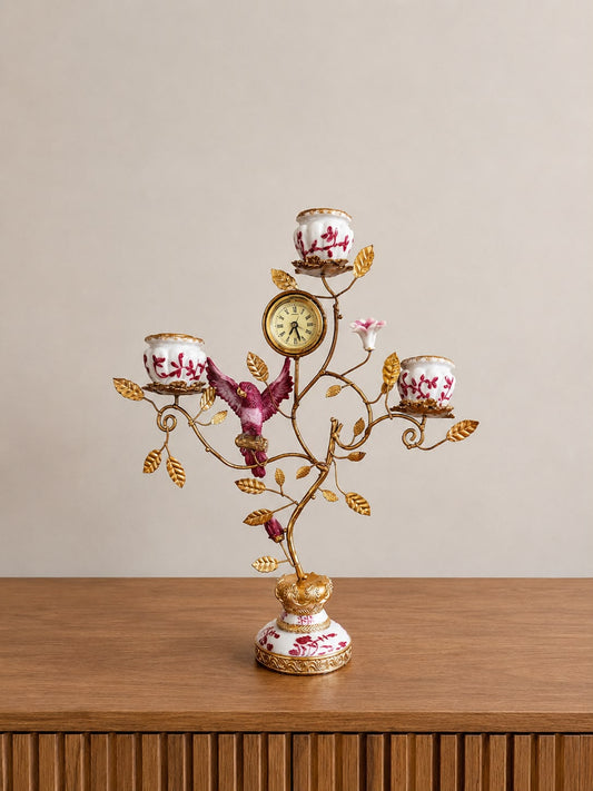 Baroque Papegaai Kandelaar met Klok - Hoogte 32 cm