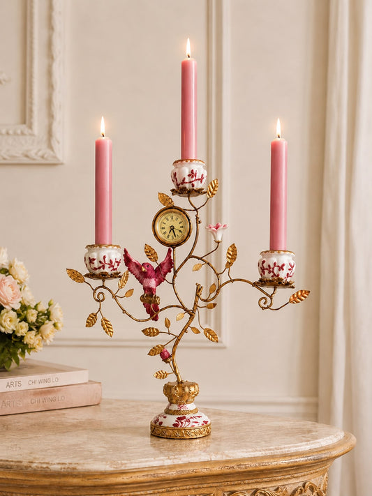 Baroque Papegaai Kandelaar met Klok - Hoogte 32 cm